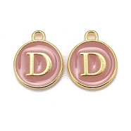 Golden Plated Alloy Enamel Charms, Cadmium Free & Lead Free, Enamelled Sequins, Flat Round with Letter, Pink, Letter.D, 14x12x2mm, Hole: 1.5mm(X-ENAM-S118-07D)