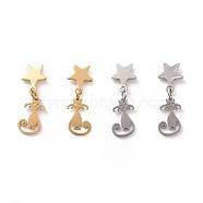 304 Stainless Steel Cat with Star Dangle Stud Earrings for Women, Mixed Color, 25.5mm, Pin: 0.8mm(EJEW-G328-10)