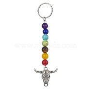 Tibetan Style Alloy Bull Head Kcychain, with Chakra Gemstone Bead and Stainless Steel Findings, 10.7cm(HJEW-JM01311-03)