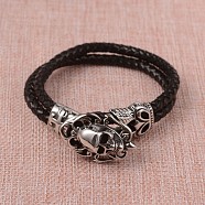 Braided Leather Cord Bracelets, Multi-strand Bracelets, with 316 Stainless Steel Skull Clasps, Antique Silver, Black, 9-1/8 inch(23.3cm)(X-BJEW-L605-35)