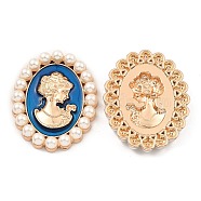 Zinc Alloy Enamel Cabochons, with Plastic Imitation Pearls, Oval with Woman, Light Gold, Steel Blue, 53x42x7.5mm(ENAM-Q501-01LG-03)