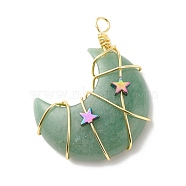 Natural Green Aventurine Copper Wire Wrapped Pendants, with Electroplate Non-magnetic Star Synthetic Hematite, Golden, Moon, 41~43x35x11mm, Hole: 3~3.5mm(PALLOY-JF01639-01)