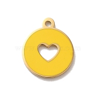 304 Stainless Steel Enamel Charms, Flat Round with Hollow Heart Charm, Real 14K Gold Plated, Gold, 12x10x1mm, Hole: 1mm(STAS-B074-03G-01)