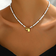 Imitation Pearl Seed Beaded French Vintage Elegant Necklaces, Golden Tone Stainless Steel Heart Pendant Necklaces, White, 16.54 inch(42cm)(BW1970)