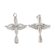 Brass Micro Pave Cubic Zirconia Pendants, with Jump Ring, Religion Cross with Wing Charm, Platinum, 30x24x3.5mm, Hole: 3.3mm(KK-E068-VB086)