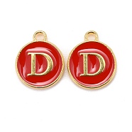 Golden Plated Alloy Enamel Charms, Cadmium Free & Lead Free, Enamelled Sequins, Flat Round with Letter, Red, Letter.D, 14x12x2mm, Hole: 1.5mm(X-ENAM-S118-03D)