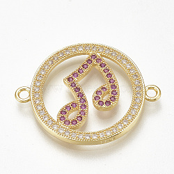 Brass Micro Pave Cubic Zirconia Links, Flat Round with Musical Note, Violet, Golden, 21x27x2mm, Hole: 1.5mm(ZIRC-Q015-010G)