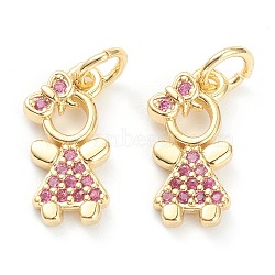 Brass Micro Pave Cubic Zirconia Pendants, Long-Lasting Plated, Pink, Little Girl, Real 18K Gold Plated, 14x6.5x1.5mm, Hole: 3.2mm(ZIRC-J041-16D)