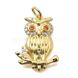 Brass Micro Pave Cubic Zirconia Pendants, Owl Charms, Long-Lasting Plated, Lead Free & Cadmium Free, Rack Plating, with Jump Ring, Real 18K Gold Plated, 19.5x14.5x3mm, Hole: 3mm(KK-Z093-17G)