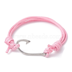 Fish Hook Shape 304 Stainless Steel Link Braclet, Waxed Polyester Cord Adjustable Bracelets, Pink, Inner Diameter: 2-1/4~3-7/8 inch(5.7~9.8cm)(BJEW-JB09817-05)