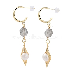 Natural Quartz Dangle Stud Earrings, with Brass Pearl Findings and 925 Sterling Silver Pins, Rhombus, Real 14K Gold Plated, 58x8mm(EJEW-P256-51G)