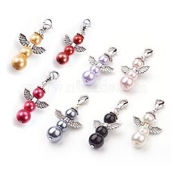 Alloy Pendants, with Brass Lobster Claw Clasps and Glass Pearl, Angel, Antique Silver, Mixed Color, 47mm(HJEW-JM00282)