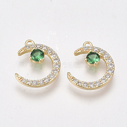 Brass Micro Pave Cubic Zirconia Charms, Nickel Free, Real 18K Gold Plated, Moon, Green, 12.5x10.5x2mm, Hole: 1mm(KK-T038-507D)