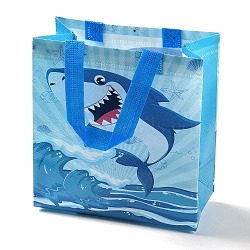 Cartoon Printed Shark Non-Woven Reusable Folding Gift Bags with Handle, Portable Waterproof Shopping Bag for Gift Wrapping, Rectangle, Dodger Blue, 11x21.5x23cm, Fold: 28x21.5x0.1cm(ABAG-F009-D03)