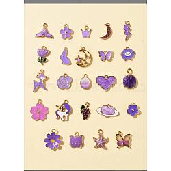 24Pcs 24 Style Light Gold Alloy Enamel Pendants, Crown & Starfish & Whale Tail Shape & Butterfly & Rabbit & Flower & Grape & Sheep & Oval & Moon & Heart & Lightning Bolt & Cat & Unicorn & Deer & Shell, Mixed Color, 10.5~21x9~21.5x1.5~4.5mm, Hole: 1~2mm, 1pc/style(ENAM-YW0001-78-A)