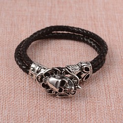 Braided Leather Cord Bracelets, Multi-strand Bracelets, with 316 Stainless Steel Skull Clasps, Antique Silver, Black, 9-1/8 inch(23.3cm)(X-BJEW-L605-35)