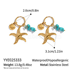 Marine Theme 304 Stainless Steel Hoop Earrings, Real 18K Gold Plated, with Gemstone, Starfish, 31x20mm(HC9202-3)