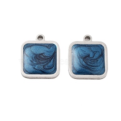 304 Stainless Steel Enamel Charms, Square Charm, Marine Blue, Stainless Steel Color, 13x11x2mm, Hole: 1.2mm(STAS-Z078-22P)