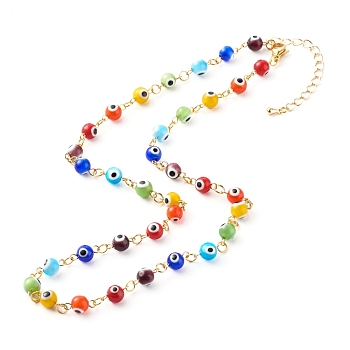 Brass Curb Chain Pendant Necklace, with Evil Eye Lampwork Beads and 304 Stainless Steel Findings, with Brass Chain Extender, Colorful, 455mm