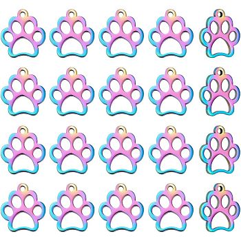 201 Stainless Steel Pet Charms, Dog Paw Prints, Rainbow Color, 13x12x1mm, Hole: 1.5mm, 20pcs/box