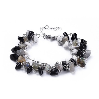Chip Natural & Synthetic Mixed Stone Multi-strand Bracelets, with 304 Stainless Steel Findings, 7-1/8 inch(18cm)