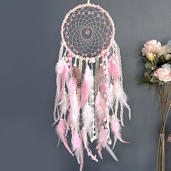 Cotton Woven Net/Web with Feather Hanging Decorations, Braided Glass Beads Hanging Ornaments for Home Office Decoration, Pink, 670mm