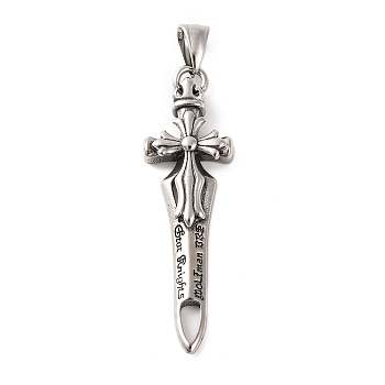 316 Surgical Stainless Steel Big Pendants, Sword Charm, Antique Silver, 56x17x6.5mm, Hole: 8x4.5mm