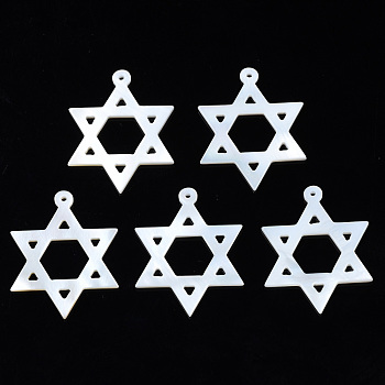 Natural Freshwater Shell Pendants, for Jewish, Star of David, 27x21.5x1.5mm, Hole: 1mm
