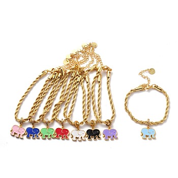 Brass Enamel Elephant Charm Bracelets, with Stainless Steel Rope Chains and Cubic Zirconia, Golden, Mixed Color, 6-3/4 inch(17cm)