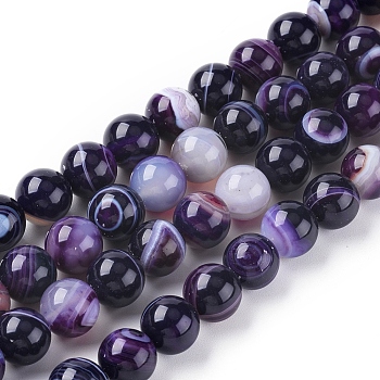 Natural Striped Agate/Banded Agate Beads Strands, Dyed & Heated, Round, Indigo, 10mm, Hole: 1.2mm, about 37pcs/strand, 14.65 inch(37.2cm)