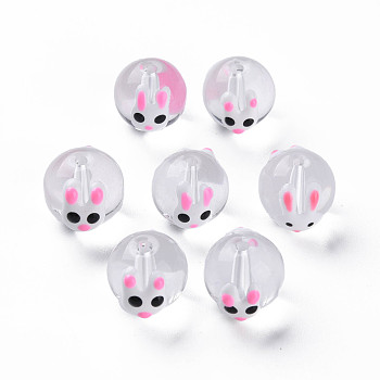 Transparent Glass Enamel Beads, Round with Rabbit, Hot Pink, 12.5~14x12x11.5mm, Hole: 1.6mm
