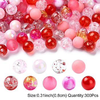 300Pcs 10 Styles Mixed Styles Acrylic Beads, Round, Red, 8x7~7.5mm, Hole: 1.8~2mm, 30pcs/style