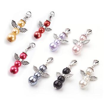 Alloy Pendants, with Brass Lobster Claw Clasps and Glass Pearl, Angel, Antique Silver, Mixed Color, 47mm