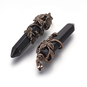 Natural Black Agate Pointed Pendants, with Red Copper Plated Brass Findings, Bullet, 57~60x16mm, Hole: 8x5mm