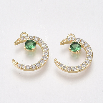Brass Micro Pave Cubic Zirconia Charms, Nickel Free, Real 18K Gold Plated, Moon, Green, 12.5x10.5x2mm, Hole: 1mm