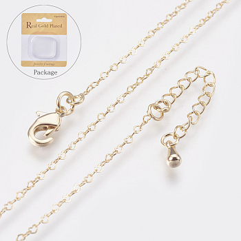 Long-Lasting Plated Brass Cable Chains Necklaces, with Lobster Claw Clasp, Nickel Free, Heart, Real 18K Gold Plated, 18.1 inch (46cm), 2mm, Heart Link: 3x2x0.7mm