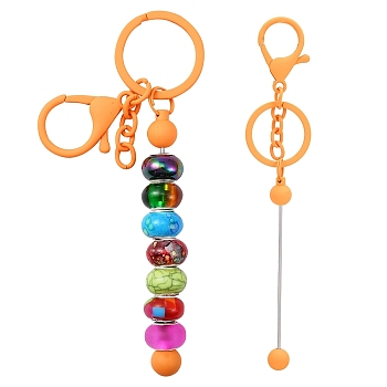 Baking Painted Alloy and Brass Bar Beadable Keychain for Jewelry Making DIY Crafts, with Lobster Clasps, Dark Orange, 15.8x2.4cm