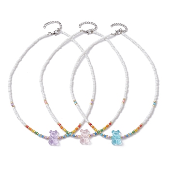 3 PCS Bear Shape Acrylic Beaded Necklaces, with Glass Seed Beads, Mixed Color, 16.10 inch(40.9cm), 3pcs/set
