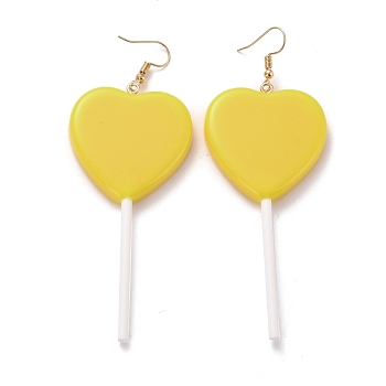 Heart-shape Lollipop Dangle Earrings for Women, Candy Color Simulation Food Drop Earrings, Golden, Yellow, 97~99mm, Pin: 0.5mm