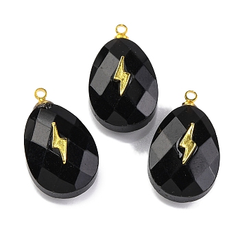 Natural Obsidian Pendants, Faceted Egg Shaped Charms with Rack Plating Golden Plated Brass Slices, Lead Free & Cadmium Free, 21x12.5x8mm, Hole: 1.5mm