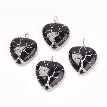 Natural Black Agate Pendants, with Brass Findings, Heart, Dyed & Heated, Platinum, 39~42x30~31x10~11mm, Hole: 5mm