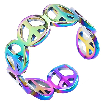 Stainless Steel Hollow Out Peace Sign Open Cuff Ring for Women, Rainbow Color, Inner Diameter: 17mm