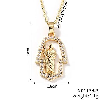 Shiny Brass Micro Pave Clear Cubic Zirconia Hollow Hamsa Hand Vintage Statue Pendant Necklaces, Elegant Jewelry, Golden, 15.75 inch(40cm)