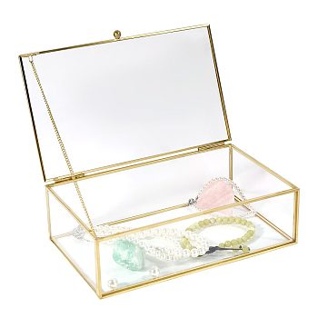 Transparent Glass Jewelry Organizer Display Cases with Metal Frame, Golden, Rectangle, Clear, 20.2x13x6.1cm