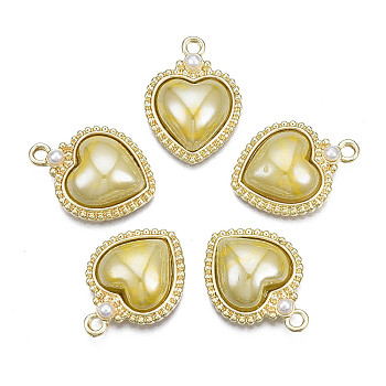 Rack Plating Alloy Pendants, with Porcelain and ABS Plastic Imitation Pearl, Long-Lasting Plated, Golden, Cadmium Free & Lead Free, Heart, Light Khaki, 16x22x6mm, Hole: 2mm