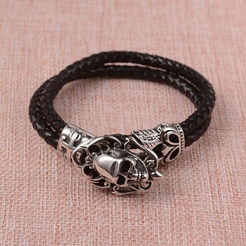 Braided Leather Cord Bracelets, Multi-strand Bracelets, with 316 Stainless Steel Skull Clasps, Antique Silver, Black, 9-1/8 inch(23.3cm)