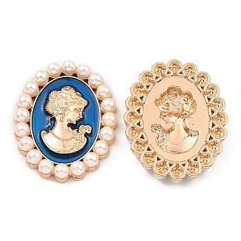 Zinc Alloy Enamel Cabochons, with Plastic Imitation Pearls, Oval with Woman, Light Gold, Steel Blue, 53x42x7.5mm