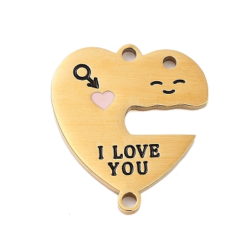 Valentine's Day 304 Stainless Steel Black Enamel I Love You Connector Charms, Love Heart Links, Golden, 21.5x19x1mm, Hole: 1.6mm