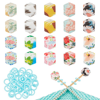 20Pcs 10 Colors Cornerless Cube Flower Printed Silicone Knitting Needle Stoppers, 50Pcs Plastic Knitting Stitch Marker Rings, Mixed Color, 11.5~14x11.5~14x1~14mm, Hole: 2.5mm