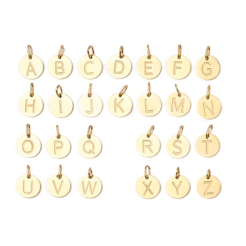 26Pcs 304 Stainless Steel Charms Set, Flat Round with Letter A~Z, with Jump Ring, Golden, 10.5x1.5mm, Hole: 4.5x2.5mm, 26pcs/set